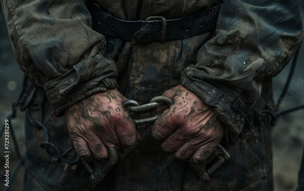 Close-up of dirty, worked hands gripping a heavy chain, wearing worn, stained clothing. Close-up of dirty, worked hands gripping a heavy chain, wearing worn, stained clothing.