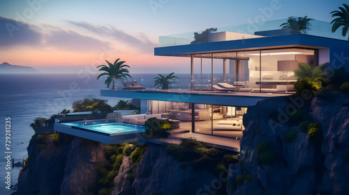 Modern house above the cliff and sea view during sunset. photo