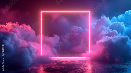 3d render abstract minimal background pink blue neon light with square, generative ai