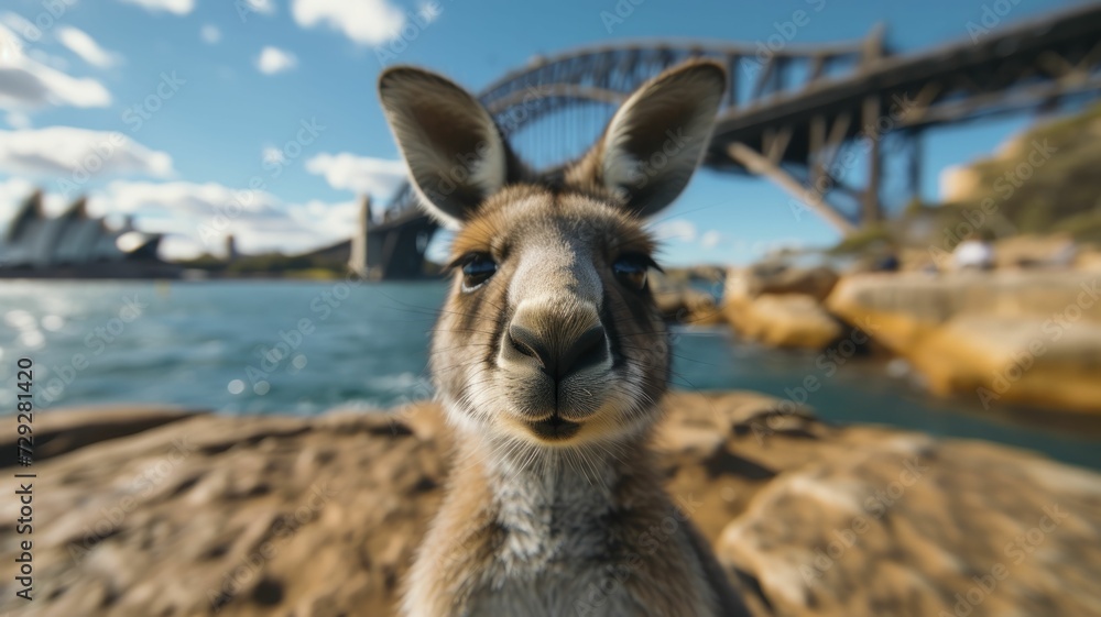 An influential kangaroo capturing selfies against the backdrop of renowned landmarks.