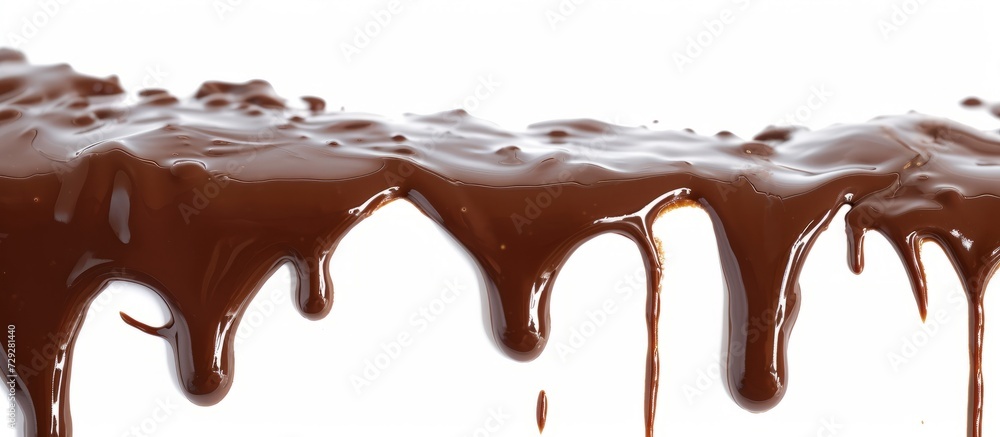 Hot chocolate syrup, now melted, drips in isolated streams on white background with a clipping path. Hot chocolate syrup, now melted, drips in isolated streams on white background with a clipping path.