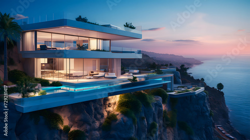 Modern house above the cliff and sea view during sunset. © Daniel