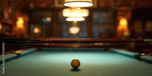 A close-up of a billiards cue and ball on a snooker table, set against the upscale billiards hall, for an exclusive sports club brochure or a detailed product feature in a luxury lifestyle publication photo