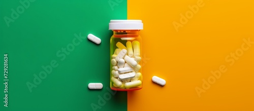 Yellow and green background with white pills in pill bottle, opposite of orange. photo