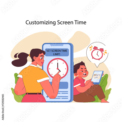 Customizing screen time concept. Mother sets healthy digital boundaries and restrictions with timer as annoyed child learns to manage phone screen usage. Discipline for kids. Flat vector illustration