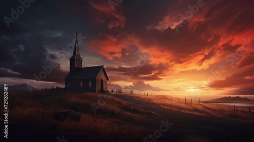 Alone Wooden Church at Dusk with Sunset Clouds. generative ai