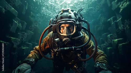 Underwater world. Coral reef and fishes in sea. ocean. a male diver in a suit swims underwater around a shark there are a lot of sharks