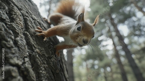 Squirrel influencer fearlessly embraces extreme tree sports, captivating audiences with displays of unparalleled agility and breathtaking forest parkour prowess. photo