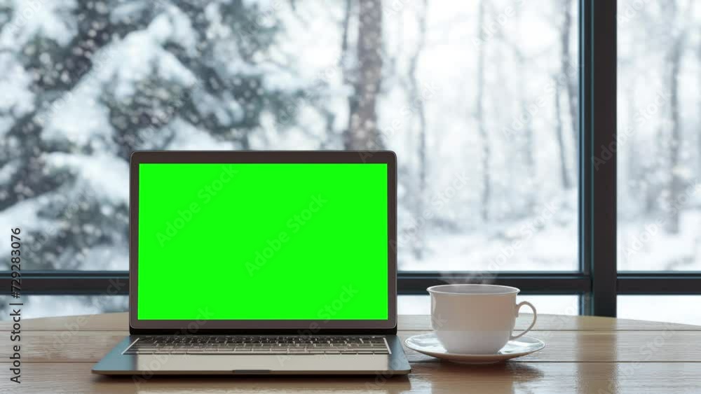 Laptop with replaceable chroma key screen on desk before wide window with winter forest sight, looped footage Laptop with replaceable chroma key screen on desk before wide window with winter forest sight, looped footage
