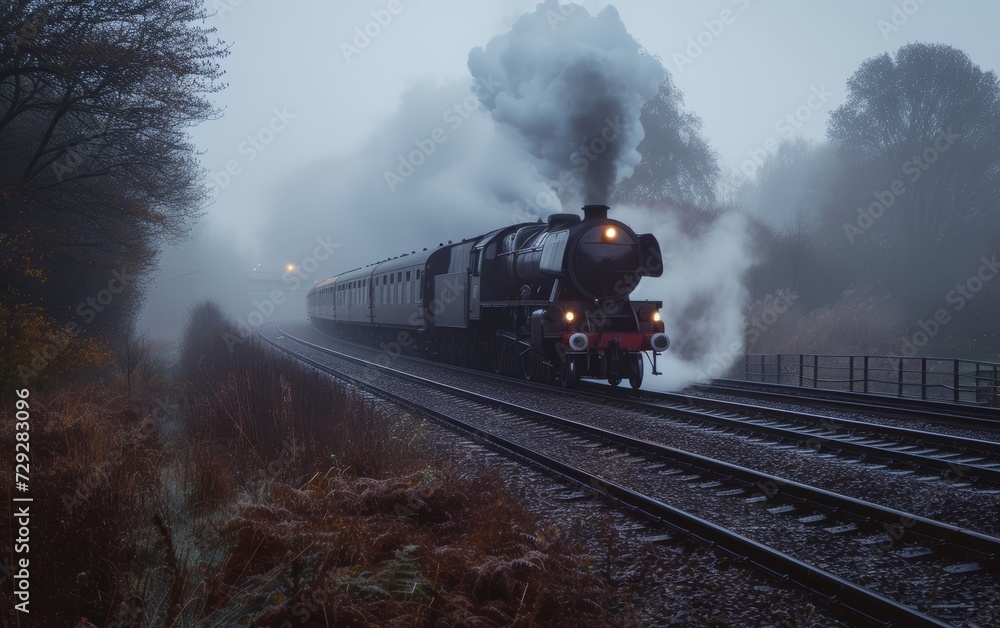 A vintage steam locomotive emerges through a misty landscape at dawn ...