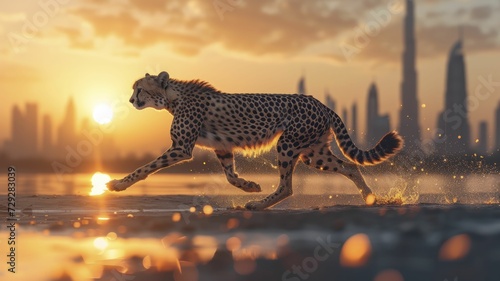 Amidst the backdrop of an urban skyline at sunset, a virtual cheetah influencer organizes a speed-running challenge. photo
