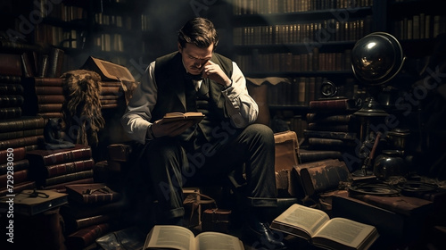 man in the library. guy reads books. suit, old photo, old books, bookcase, guy who loves to read, smart young man in a shirt leafing through a magazine
