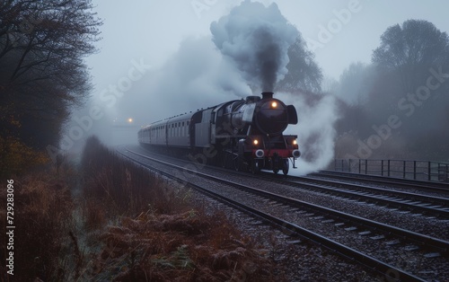 A vintage steam locomotive emerges through a misty landscape at dawn, smoke billowing.