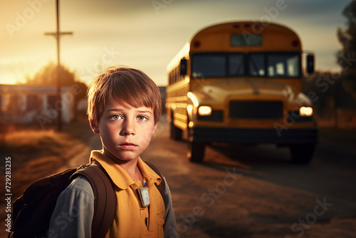 a student with a backpack standing in front of a yellow school bus, backlit by a sunrise or sunset, ai genertive