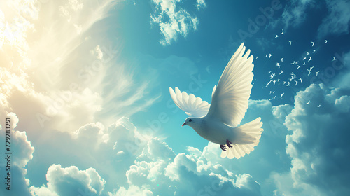 Weisse Taube am Himmel mit Sonne und Wolken with one white bird, generative ai photo