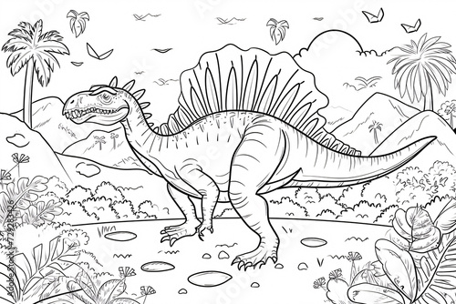 Spinosaurus Dinosaur Black White Linear Doodles Line Art Coloring Page  Kids Coloring Book