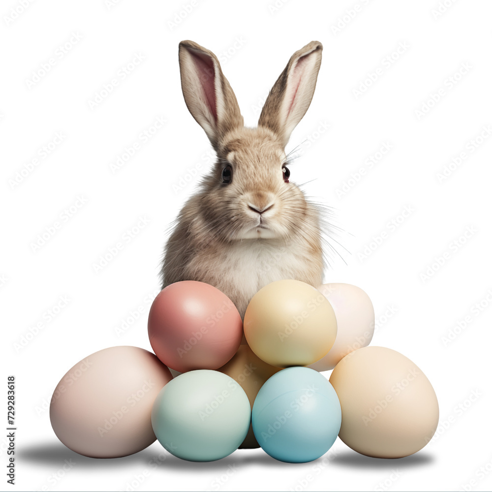 Fototapeta premium Easter bunny sits near painted eggs, transparent background