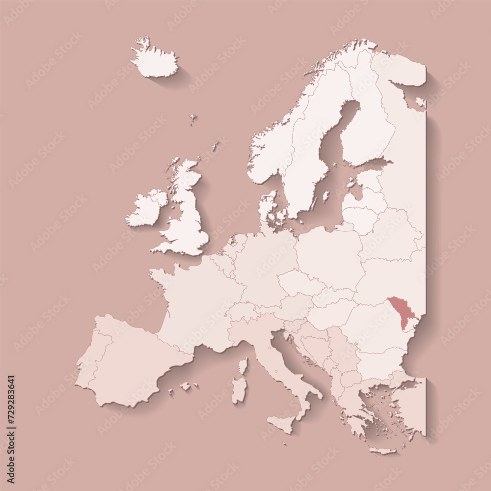 Obraz premium Vector illustration with european land with borders of states and marked country Moldova. Political map in brown colors with western, south and etc regions. Beige background