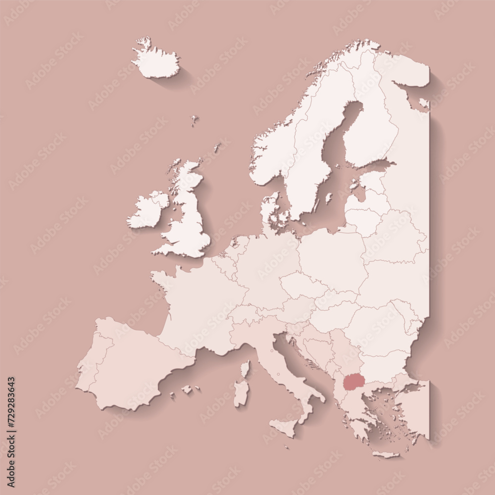 Vector illustration with european land with borders of states and marked country North Macedonia. Political map in brown colors with western, south and etc regions. Beige background