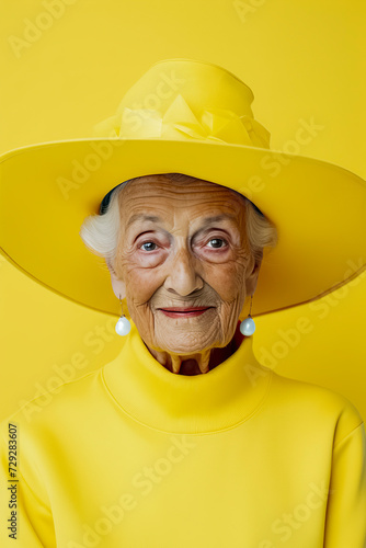 old woman in yellow attire and hat, set against a yellow background, ai generative