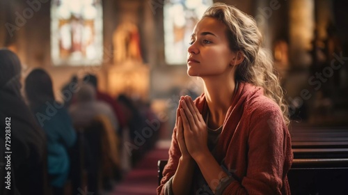 devout Christian woman sitting devoutly in church, folding her hands to pray. generative ai photo