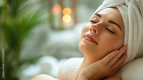 Young woman with closed eyes enjoying beauty treatments in spa salon