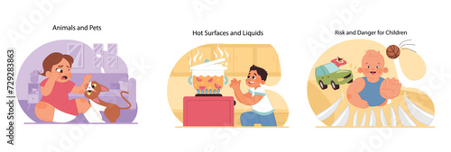Child Safety set. Domestic hazards for kids with pets, hot objects, and potential accidents. Awareness for supervision. Vector illustration.