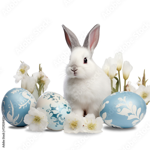 Easter bunny, decorated eggs, spring flowers, Easter decor, transparent background