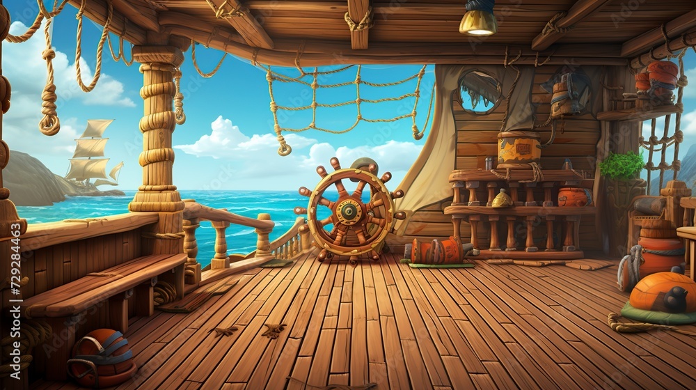 Fototapeta premium for kids pirate ship deck empty background 3D cartoon