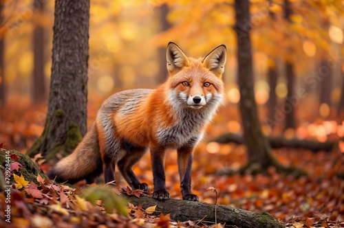 A red fox stands in a forest with orange and brown leaves on the ground. The leaves are scattered around the fox and on the ground. The fox has a bushy tail and is looking at the camera. © Mani Arts