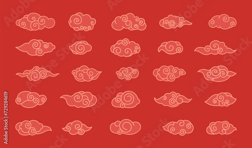 Chinese clouds vector illustration. Traditional Chinese clouds dance across sky, celebrating festivity Chinese background motifs tell stories beauty written in cloudscape Vintage ornamentation graces