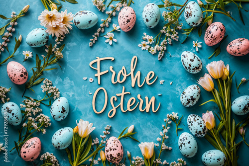 Bunte Ostereier und Frühlingsblumen mit Frohe Ostern Schriftzug
