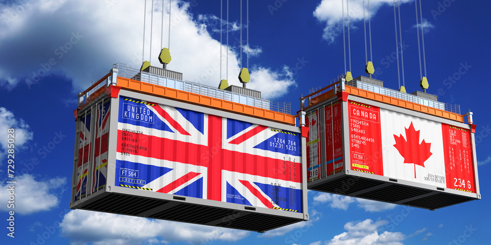 Shipping containers with flags of United Kingdom and Canada - 3D illustration