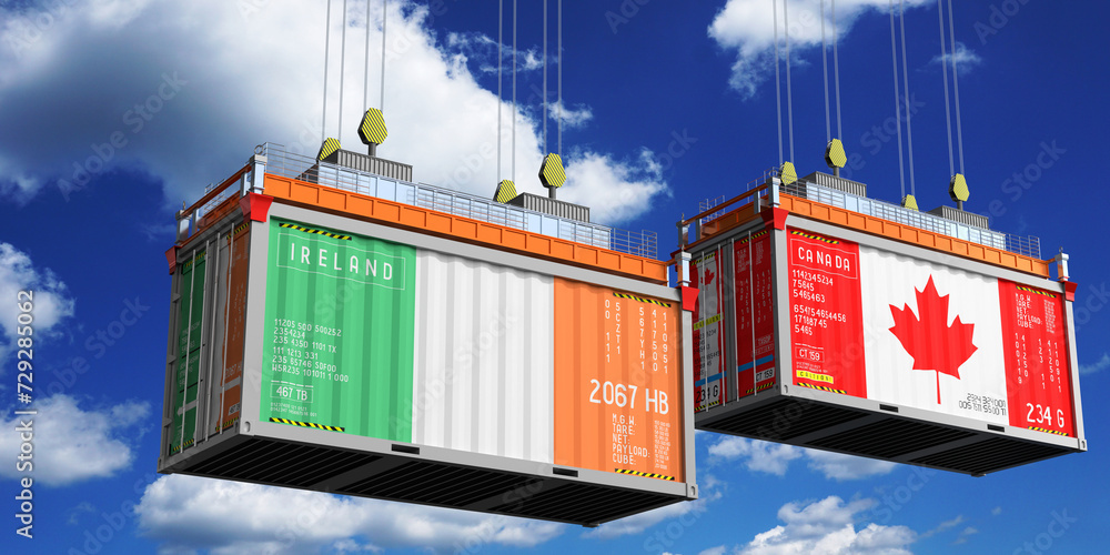 Shipping containers with flags of Ireland and Canada - 3D illustration