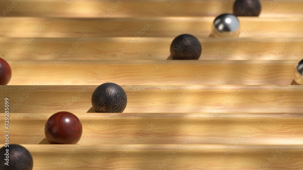 Sunlit 3D animation of marbled and metallic spheres racing down a wooden labyrinth.