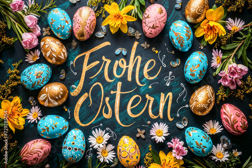 Bunte Ostereier und Frühlingsblumen mit Frohe Ostern Schriftzug photo