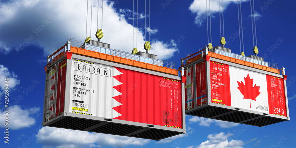 Shipping containers with flags of Bahrain and Canada - 3D illustration