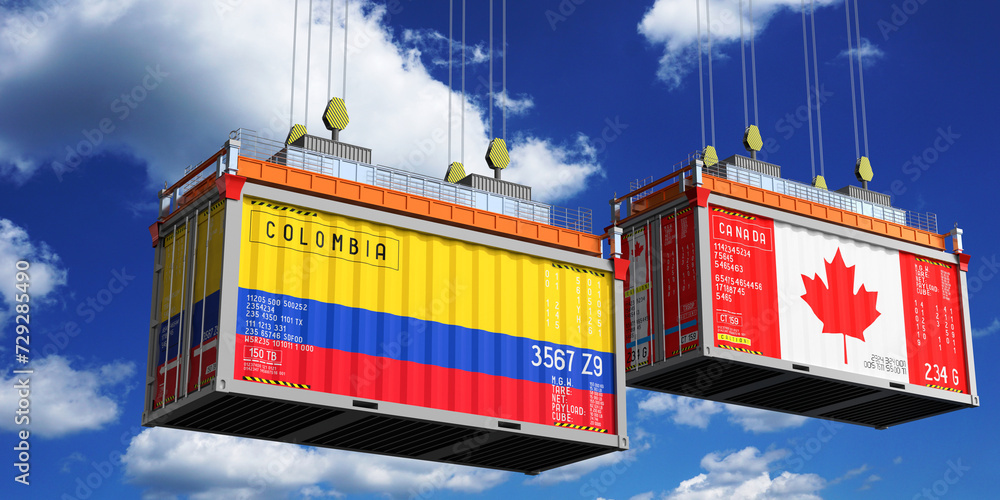 Shipping containers with flags of Colombia and Canada - 3D illustration