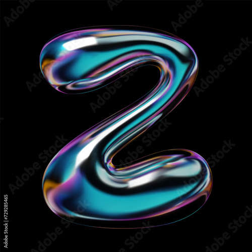 3D letter Z from the English alphabet in Y2K style. Balloon bubble shape in liquid metal with smooth, glossy, holographic rainbow surface. Isolated vector for retro-futuristic 2000s design