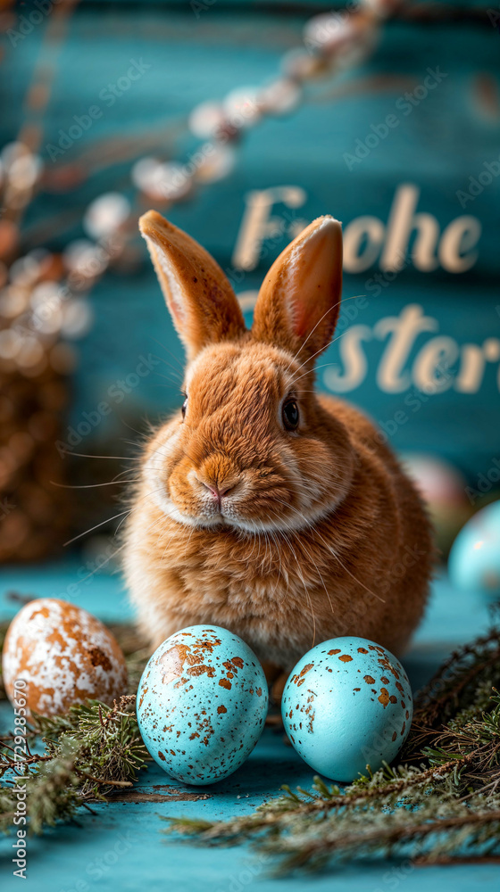 Osterhase mit bunten Eiern und Frühlingsdekoration Osterhase mit bunten Eiern und Frühlingsdekoration