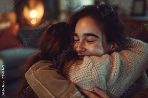 Two loving women hugging each other emotionally  photo
