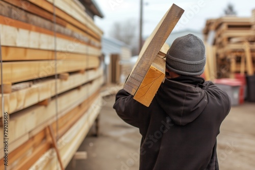 individual carrying lumber over the shoulder at a storage yard photo