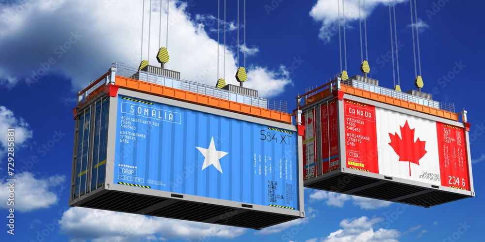 Shipping containers with flags of Somalia and Canada - 3D illustration