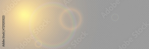 Bright light with glare and reflection of the camera lens. Sun, sun rays, dawn, lens flare on a transparent background.	