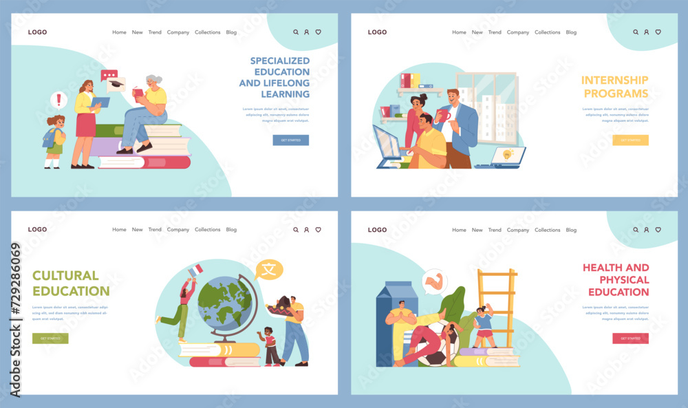 Specialized education set. Different people going through lifelong learning stages, including research, extracurriculars, internships, and various educational themes. Flat vector illustration