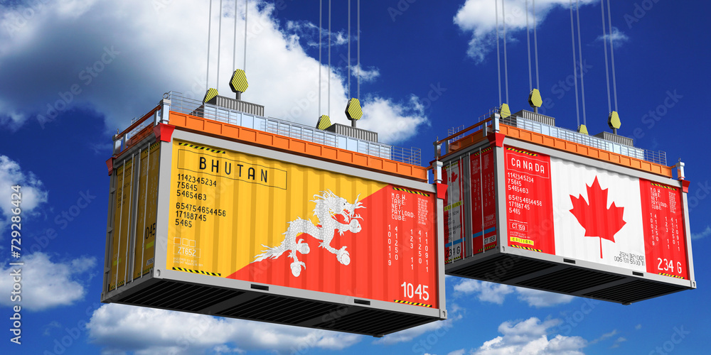 Shipping containers with flags of Bhutan and Canada - 3D illustration