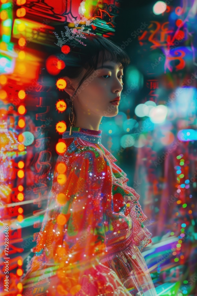 Obraz premium A young woman is immersed in vibrant neon lights and reflections, providing an urban, futuristic vibe
