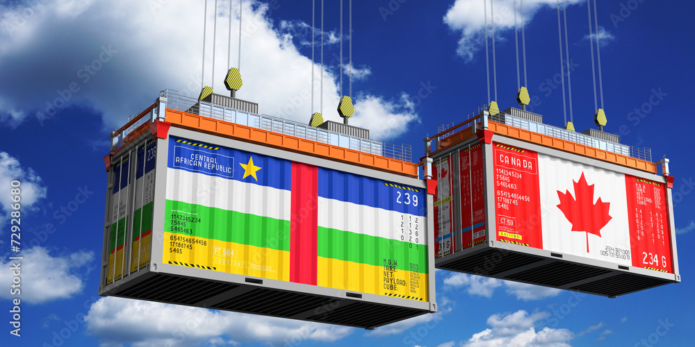 Shipping containers with flags of Central African Republic and Canada - 3D illustration