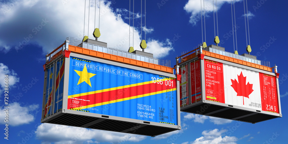 Shipping containers with flags of Democratic Republic of the Congo and Canada - 3D illustration