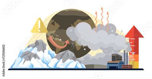 Global warming vector illustration. Environmental conservation is shield, protecting fragile ecosystem from arrows co2 emissions Co2, silent intruder in atmosphere, weaves narrative global warming